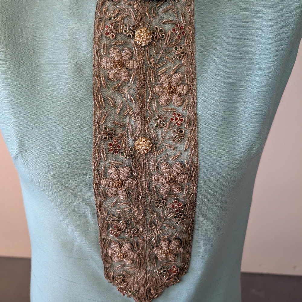 Vintage Dress Jackie Kennedy Style Blue Sleeveless  Matching Coat Silver Detail - Picture 3 of 7